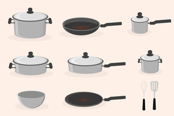 kitchen utensils set pots pans for cooking vector illustration