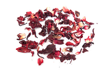 Dried hibiscus flowers on a white background.