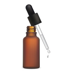 Brown dropper bottle. Amber glass pipette packaging, isolated on background. Essential oil container mockup. Cosmetic serum essence solution flask, premium treatment. Nasal droplet