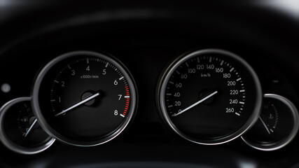 Dashboard with speedometer, tachometer, odometer. 