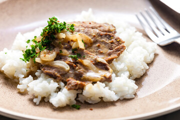 pork meat with onion sauce and rice
