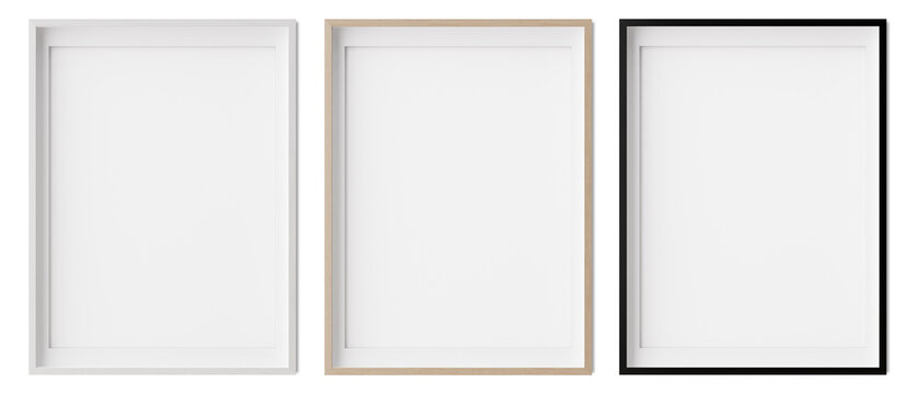 Set of vertical picture frames isolated on white background. White, wooden and black frames with white paper border inside. Template, mockup for your picture or poster. 3d rendering.