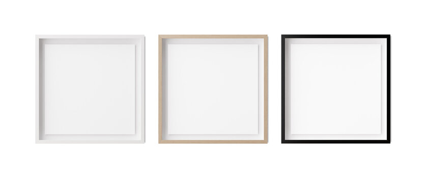 Set of square picture frames isolated on white background. White, wooden and black frames with white paper border inside. Template, mockup for your picture or poster. 3d rendering.