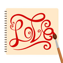 Album sheet with the calligraphic inscription love and a brush on a white background.