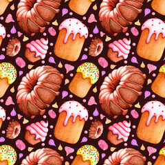 Watercolor sweet seamless pattern. Confectionery, cake, biscuit, muffin with cream, sugar meringues. Hand drawn illustration on a dark background.