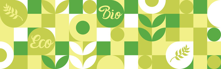 Bio label for ecological social projects, seamless pattern for green flowers eco packaging. Banner in natural style, mosaic of geometric white shapes.
