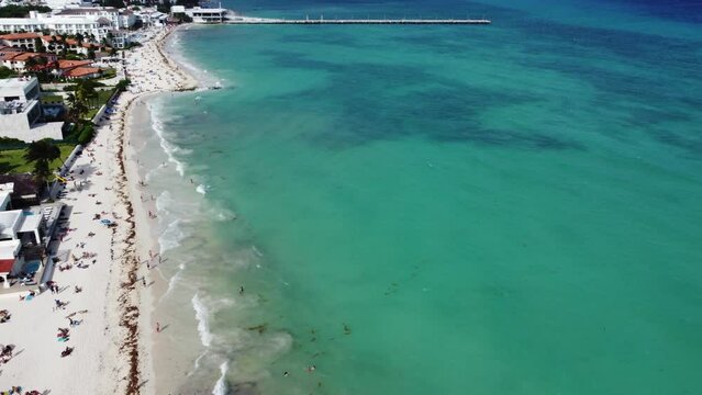 northern drone aerial flight from playa car to playa del carmen beach