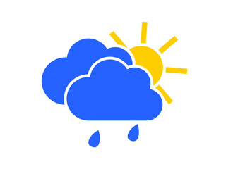 Blue cloud with raindrops and yellow sun. Wet rainy weather forecast icon isolated on white background. Vector.