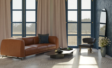 Illustration 3D rendering large luxury modern bright interiors Living room mockup computer digitally generated image