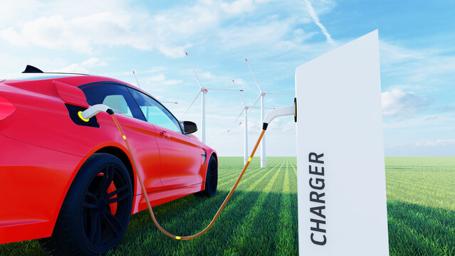 8K ULTRA HD. Electric car charging. Electric vehicle charging port plugging in car. 3D Rendering.