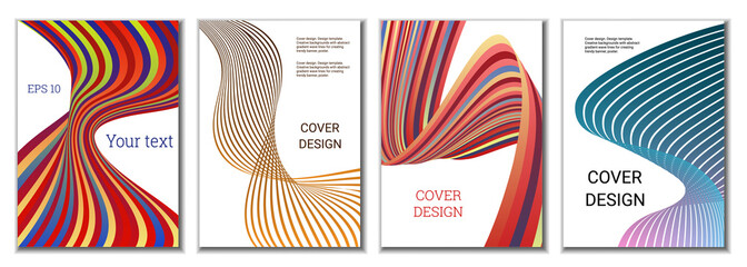 A set of 4 abstract covers. Wavy parallel gradient lines, ribbons evolve. Cover design, background. Trendy banner, poster.