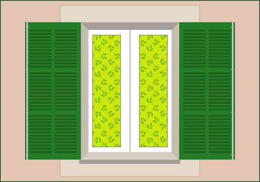 Ventanal verde con persianas y cortinas verdes. Fachada con ventana  decorada con cortinas verdes con hojas