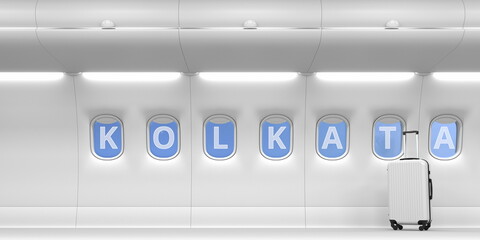 Kolkata text on an airplane portholes. 3d rendering