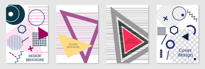 Set of cover design in Memphis style. Geometric design, abstract background. Fashionable bright cover, banner, poster, booklet. Creative colors.