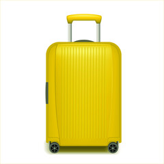 Realistic yellow wheeled travel bag with hand. Plastic travel suitcase. 3D rendering isolated on white background.
