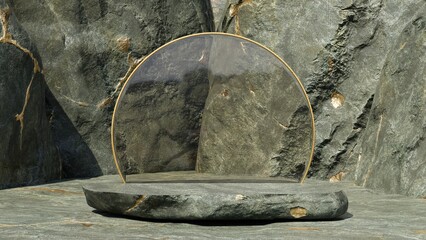 Luxury gold vein large rocks podium mockup, reflecting glass circle with golden frame, premium gold display, 3d render