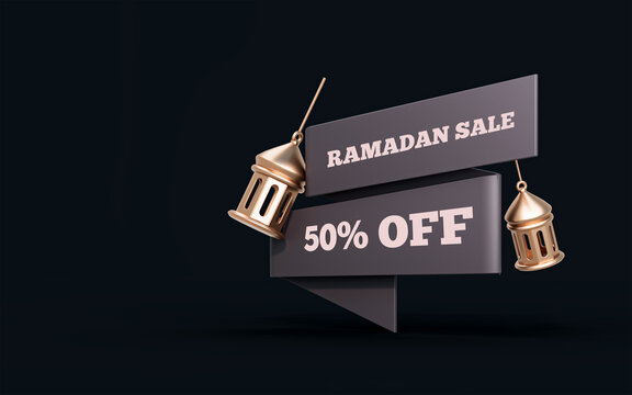 50 percent sale banner with golden lantern 3d render concept for Ramadan and Eid shopping offer