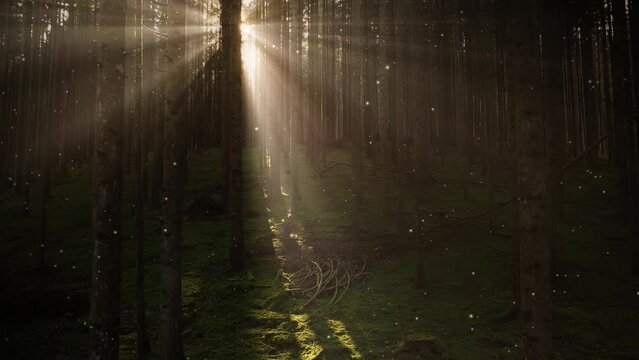Flicker fireflies in magic sunny forest.