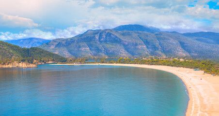 Panoramic view of amazing Oludeniz Beach And Blue Lagoon, Oludeniz beach is best beaches in Turkey - Fethiye, Turkey