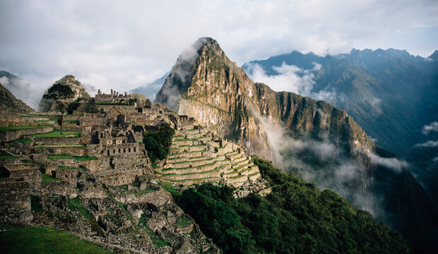 Aerial view of the Machu Piccu at sunrise in Peru