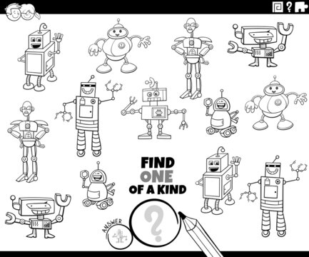 one of a kind game with cartoon robots coloring book page