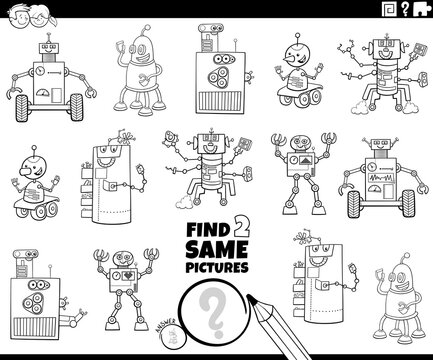 find two same cartoon robots task coloring book page