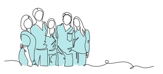 Medical staff, practitioners team vector illustration . One continuous line drawing of team of doctors. Minimalism design of medical people group - obrazy, fototapety, plakaty