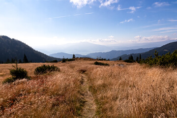 Panoramic view on Mur valley from Seckauer Zinken in the Lower Tauern in Styria, Austria, Europe. Sunny golden autumn day in Seckau Alps. Hiking trail on dry and bare grassland terrain. Soft hills