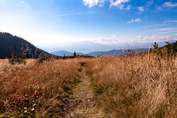 Panoramic view on Mur valley from Seckauer Zinken in the Lower Tauern in Styria, Austria, Europe. Sunny golden autumn day in Seckau Alps. Hiking trail on dry and bare grassland terrain. Soft hills