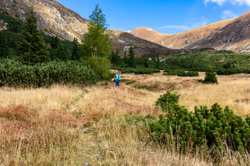 Fototapeta na wymiar Woman with backpack on hiking trail leading to Seckauer Zinken in the Lower Tauern mountain range, Styria, Austria, Europe. Sunny golden autumn day in Seckau Alps. Panorama on dry, bare grass terrain