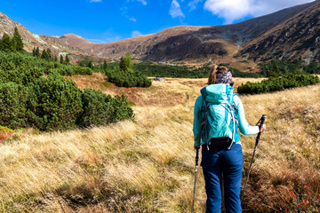 Woman with backpack on hiking trail leading to Seckauer Zinken in the Lower Tauern mountain range, Styria, Austria, Europe. Sunny golden autumn day in Seckau Alps. Panorama on dry, bare grass terrain