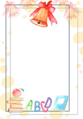 Diploma template with colorful watercolor books and a school bell with a red ribbon, a diploma for a graduate of primary school