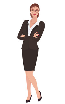 Isolated confident smiling elegant pretty brunette businesswoman with glasses standing with crossed arms. Adviser manager secretary assistant or employee. Caucasian female career woman