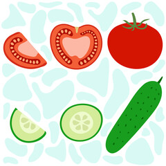 Illustration of vegetables - red tomato and green cucumber. A whole vegetable, pieces of tomato and cucumber. Flat illustration. Vector illustration