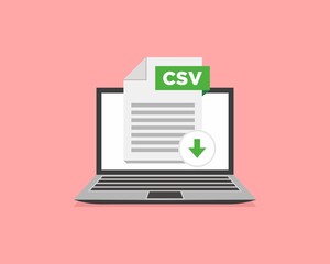 Download CSV button on laptop screen. Downloading document concept. File with CSV label and down arrow sign. Vector illustration.