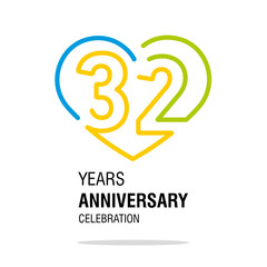 32 years anniversary celebration decoration colorful number bounded by a loving heart modern love line design logo icon white background