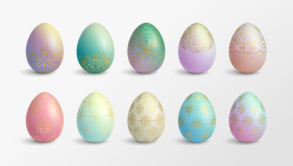 Set of modern pastel gradient colored Easter eggs with floral decoration. Isolated vector design.