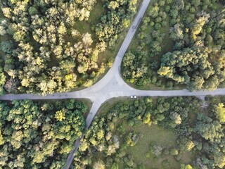 Road junction in forest environment from aerial view. 