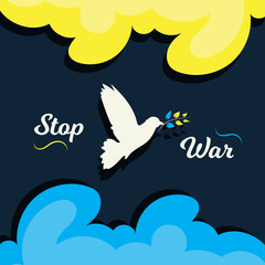 ukraine russia conflict stop war poster, dove peace bird symbol protest Ukrainian flag vector design