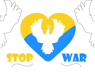 ukraine russia conflict stop war, dove peace bird icon Ukrainian flag heart vector design template