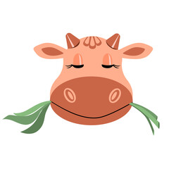 The muzzle of a cow chewing grass, isolated on a white background.Vector illustration.It can be used in dairy product designs,textiles,paper.