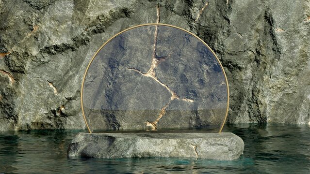 Large stone wall with gold veins, stone podium with glass frame peaking from water, luxury podium mock up, 3d render
