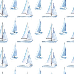 Sailboats on the waves. Seamless watercolor pattern for fabric. Rest, sea