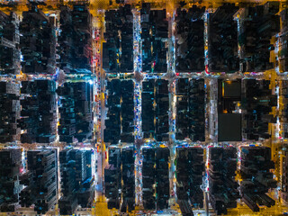 Aerial down view of Hong Kong city at night