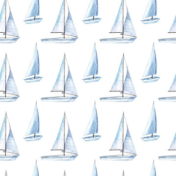 Sailboats on the waves. Seamless watercolor pattern for fabric. Rest, sea