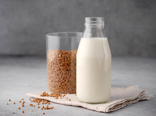 Buckwheat groats, buckwheat flour and vegan buckwheat milk on a gray background, gluten-free concept. Ingredients for porridge. An idea for a healthy gluten-free breakfast. Non dairy alternative milk.