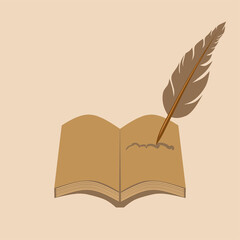 Vector illustration of book, diary, novel, ink, writing with quill pen