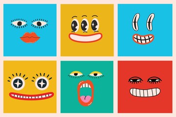 Collection of crazy Abstract comic characters elements and faces. Bright colors Cartoon style. Vector Illustration