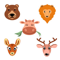Cartoon animal faces,bear,lion,cow,fawn,deer,isolated on a white background.Vector set of animals can be used in children's textiles, postcards,packages of children's goods.