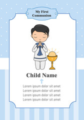 Card my first communion. Boy praying next to a chalice. Isolated vector